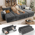 Vipbear Sectional Sleeper Couch with Pull Out Sofa Bed, U Shaped Plush Corduroy Couch with Reclining Backrest & 2 Storages & USB Charging, Convertible Cloud Sectional Sofa Bed for Living Room, Grey | Breathable material, Tool-Free Assembly, Reclining B...
