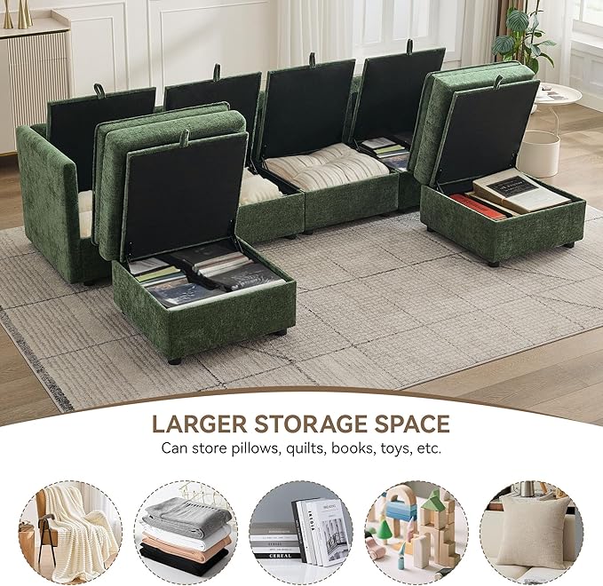 105" Cloud Modular 4 Seater Sofa with 2 Storage Ottoman, Modern Upholstered Sofa Storage Sofa Couch Deep Seat, U Shape Sectional Sofa Chenille Comfy Couch with Armrests for Living Room, Green