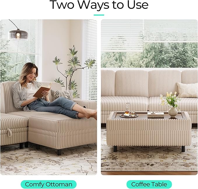 LINSY HOME Sectional Sleeper Sofa with Pull Out Couch Bed for Living Room (Beige) | Plush Corduroy, Storage Ottoman, Storage Chaise, Pull Out Couch, USB Charging