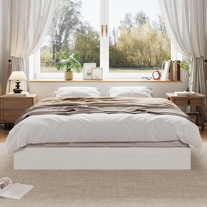 Solid Wood Platform Bed with Sturdy Wooden Slats, Full Size Floor-Standing Bed Frame, Modern Minimalist Design Space-Saving Bed Frame, No Box Spring Needed, Easy Assembly, White