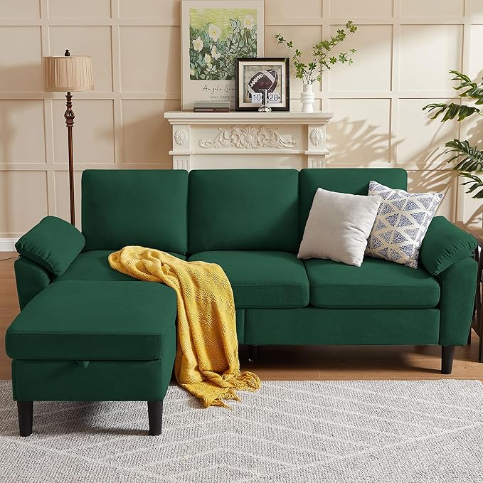79" Convertible Sectional Sofa, Modern Linen Small L Shaped Couch with Reversible Chaise and Storage Ottoman, 3-Seat Sofa Couches for Living Room, Office, Apartment, Green