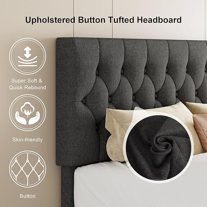 Feonase King Size Bed Frame, Upholstered Bed Platform with Button Tufted Headboard, Heavy Duty Wooden Slats & Thickened Feet, No Box Spring Needed, Noise-Free, Easy Assembly, Dark Grey