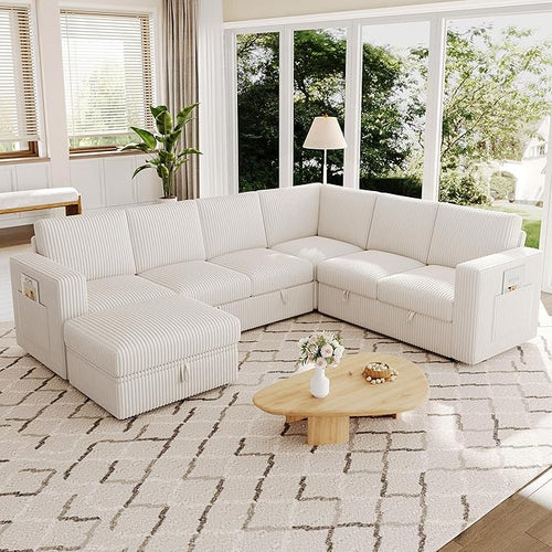 106.7" Sectional Sleeper Sofa with Pull Out Couch, Modern 7 Seat U Shaped Modular Couch, Sectionals Modular Sofa with Storage, Comfy Corduroy Couches Sectional for Living Room & Apartment, Beige