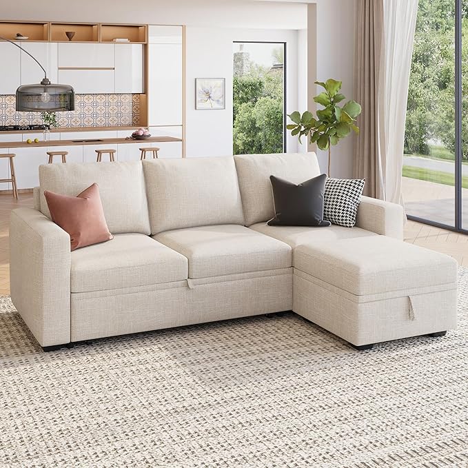 HONBAY Modular Sectional Sleeper Sofa with Pull Out Bed, L Shaped Couch with Storage Seat, Modular Sectional Couches for Living Room - Beige