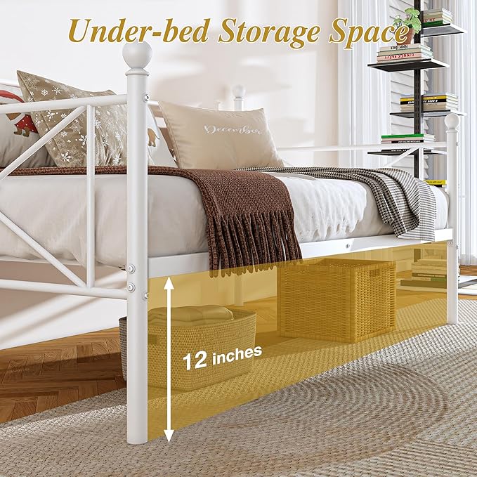 VECELO Twin Daybed Frame, Metal Day Bed with Stylish Headboard, Multifunctional Platform Beds for Bedroom, Living Room, Guest Room, No Boxing Spring Needed, Pure White