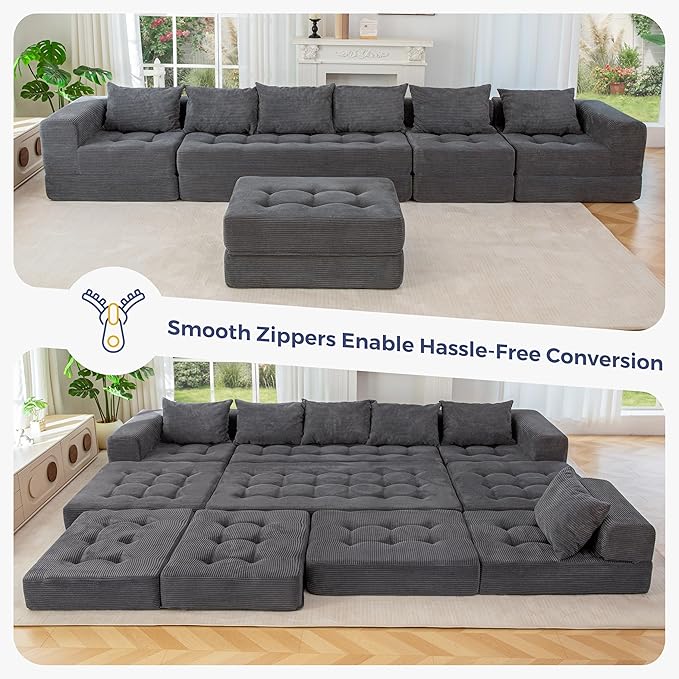 MAXYOYO Modular Sectional Sofa Couch, Foldable U Shaped Cloud Couch with Pillows, Tufted 7-Seat Boneless Sleeper Lounger Floor Sofa Bed for Living Room, No Assembly Required, Dark Grey