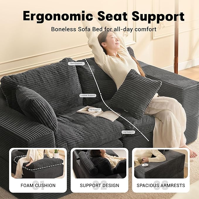 74.8” Set of Cloud Couch, Modular Loveseat Sofa, Convertible Sofas Bed, Deep Seat Sofa, Cozy Sofa for Living Room, Office and Bedroom, Corduroy, Gray