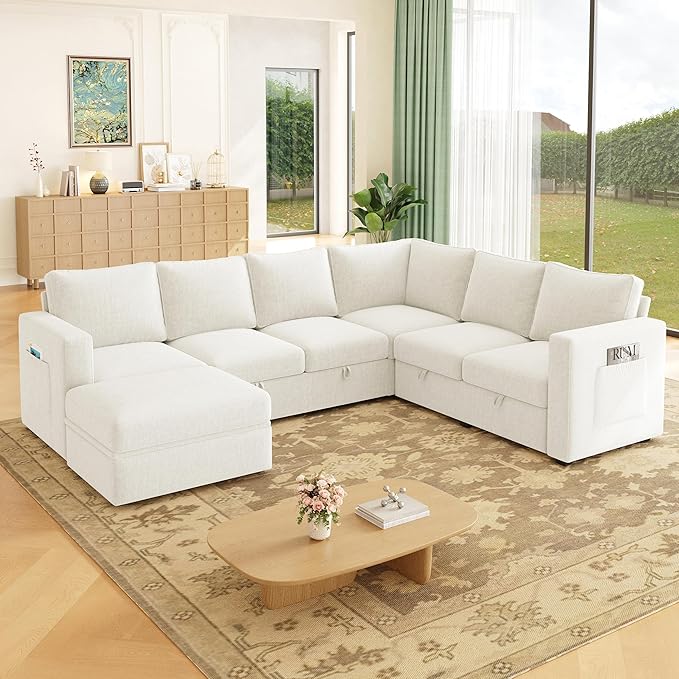 83.5" Sectional Sleeper Sofa with Pull Out Couch, Modern 5 Seat L Shaped Modular Couch, Sectionals Modular Sofa with Storage, Comfy Sectional Couches for Living Room & Apartment, Light Beige