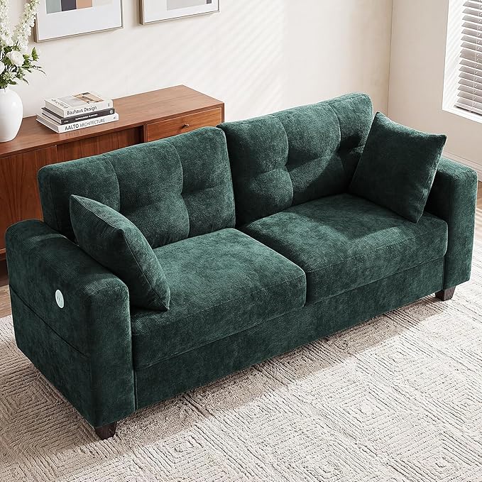 70" Loveseat Sofa for Living Room, Modern Chenille Cloud Couch with USB/Type-C Charging Ports, Side Pockets, Removable Cover, Wide Armrests, Small Couch for Small Space, Easy Assembly, Green