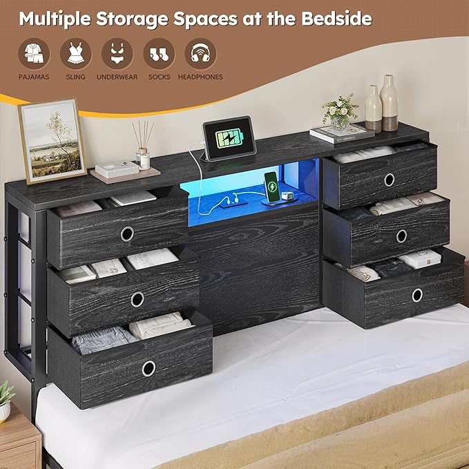 Homkdom Queen Size Bed Frame with 8 Fabric Storage Drawers, LED Lights & Charging Station, Metal Platform Bed Frame with Headboard Storage,No-Noise,Easy Assembly,Black