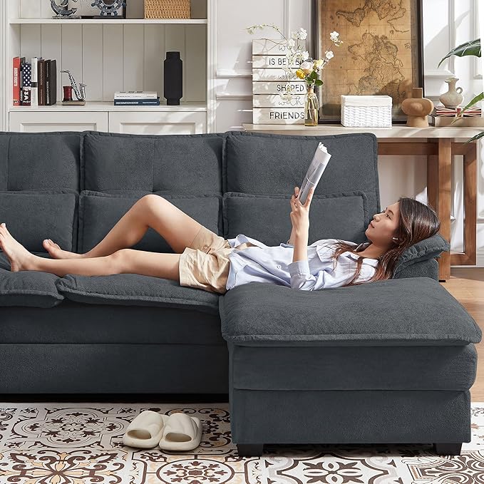 110“ Convertible Sectional Sofa, U Shape Cloud Couch, Comfy Couches with Double Chaise and Sleepable Armrests, 4 Seats Sectional Couches for Living Room, Dark Grey