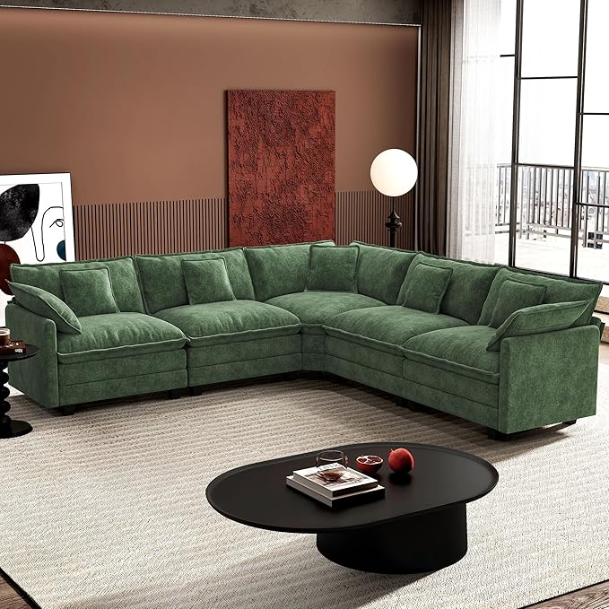 Ihanherry 114" V-Shaped Modern Sofa Modular Sectional Cloud Couch with Corner Section, 5-Seat Chenille Deep Seat Sofa with 5 Pillows for Living Room, Bedroom and Apartment, Green