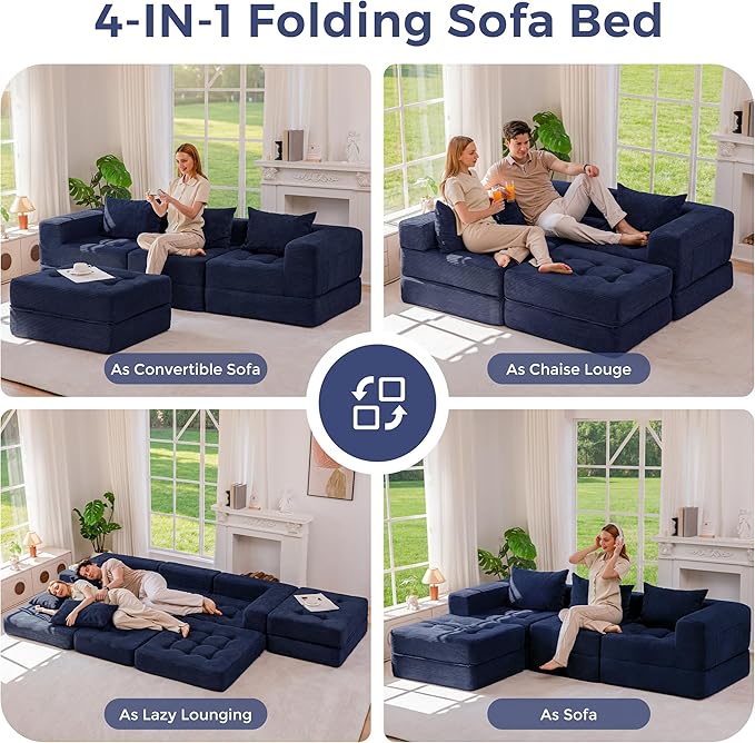 MAXYOYO Modular Sectional Sofa Couch, Foldable L-Shaped Folding Sofa Bed with Ottoman, Convertible Sectional Couch Corded Tufted Floor Sofa Lounger with Pillows for Living Room, No Assembly, Navy