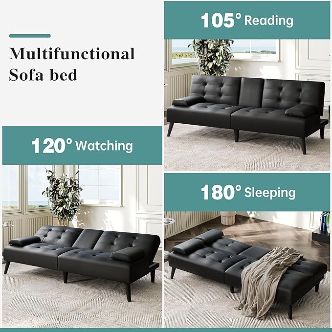 Meilocar 64" Futon Sofa Bed, Small Loveseat with 2 Cup Holders, Small Couch with 3 Adjustable Angles & Removable Armrest, Modern Sleeper Sofa for Apartment, Office (PU Leather, Black)
