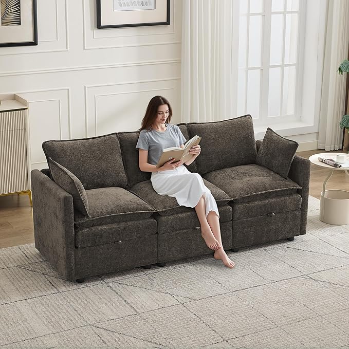 80" Cloud 3 Seater Sectional Modular Couch with Storage, Upholstered Storage Sofa Modern Couch Deep Seat, Chenille Convertible Sofa Comfy Couches with Armrests for Living Room, Small Space, Brown
