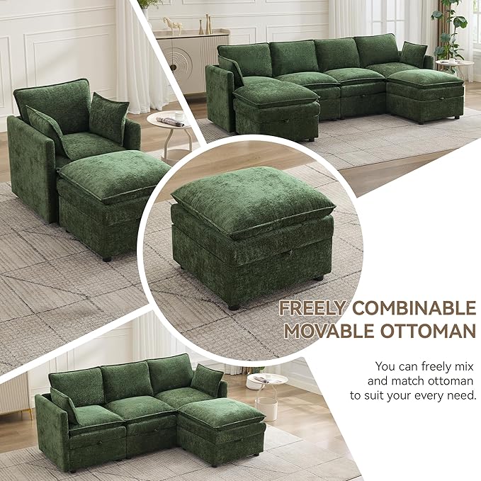 27" Large Square Ottoman with Storage, Modern Upholstered Footrest with Anti-Slip Legs for Couch Coffee Table Living Room, Bedroom, Entryway, Chenille Green