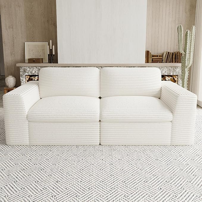 Boneless Loveseat Sofa Plush Corduroy Sectional Couch with Deep Seat Modular Cloud Sectional Couches for Living Room.Biege Sofa.