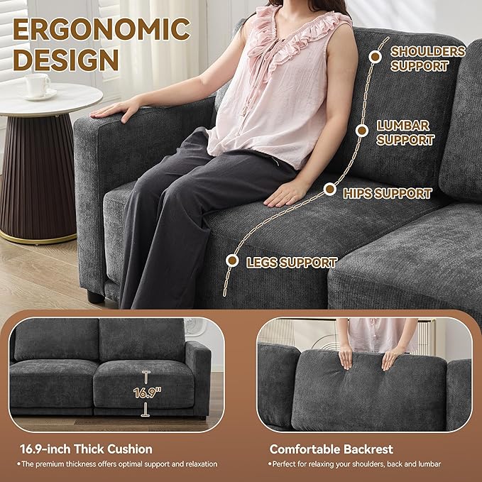 77.4" Chenille Modular Loveseat Oversized Upholstered 2 Seater Sectional Sofa with Thickened Cushions, Easy Assembly, Modern Comfy Love Seat Couch for Living Room, Grey