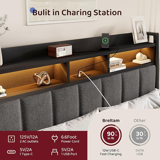 BRELTAM King Size Bed Frame with 2 Storage Drawers, Wooden Upholstered Bed Frame with 2-Tier Storage Headboard Built in Charging Station & LED Light,Noise-Free/Metal Support/No Box Spring Needed,Black
