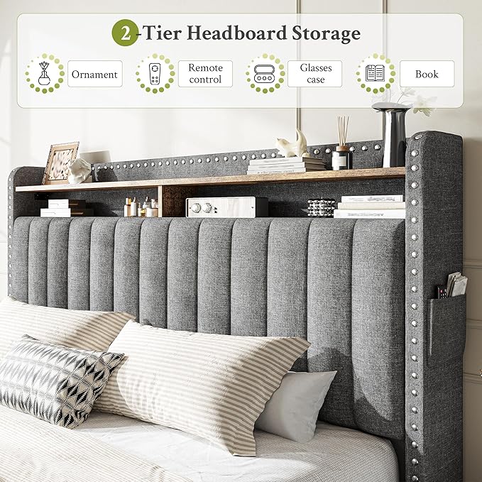 EnHomee Queen Size Bed Frame with 2 Storage Drawers Upholstered Queen Bed Frame with Headboard Solid Wood Slats,No Box Spring Needed,Noise-Free Extra Storage Space for Bedroom Apartment, Grey
