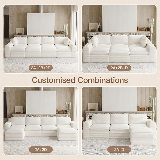 Belffin Boneless Modular Cloud Sectional Couch with Deep Seat Plush Corduroy 3-Seater Boneless U Shaped Couch with Ottoman No Assembly Required. Beige Sofa