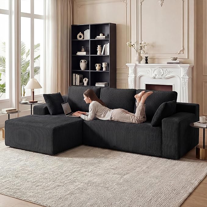 Cloud Sectional Boneless Couches for Living Room, Modular L Shaped Couch with Deep Seat Oversized Left Facing Chaise, Memory Foam Compressed Spineless 3 Seater Sofa for Apartment, Black | No Assembly Required, Deep Seat, Cat-Claw Resistant, High-Resili...