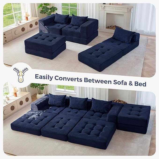 MAXYOYO Modular Sectional Sofa Couch, Foldable L-Shaped Folding Sofa Bed with Ottoman, Convertible Sectional Couch Corded Tufted Floor Sofa Lounger with Pillows for Living Room, No Assembly, Navy