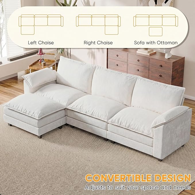 118.9'' L Shaped Sectional Couch, Modular Cloud Sofa with Deep Seat & Double Layer Cushion, Modern Chenille Sofa Couches with Movable Ottoman for Living Room & Appartment (White, L Shaped Sofa)