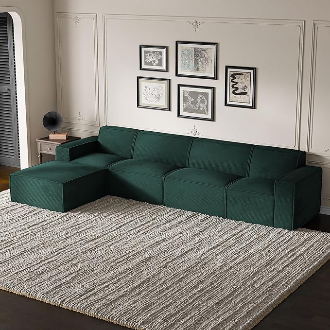 Cozy Castle 142" Modular Sectional Sofa, L Shaped Corduroy Boneless Couch with Deep Seat and Ottoman Chaise Cloud Sofa Upholstered Couches for Living Room Bedroom No Assembly Required (Green)