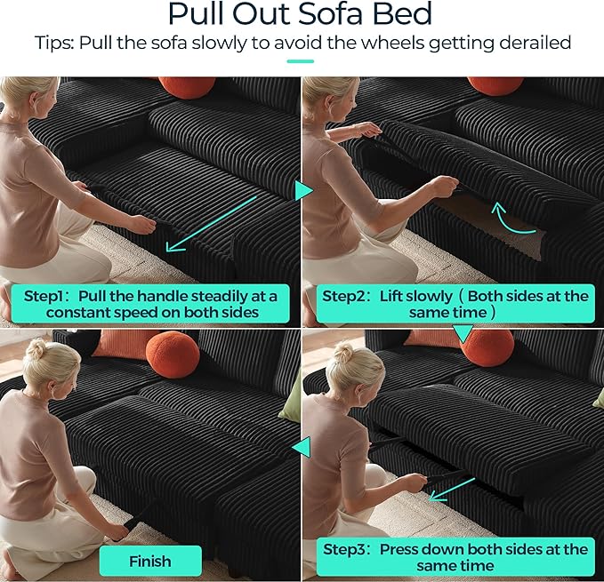 LINSY HOME Sectional Sleeper Sofa Pull Out Couches for Living Room (Black, Sleeper Sofa 3) | Pull Out Sofa Bed, Storage, USB Charging, Cup Holders, Plush Corduroy