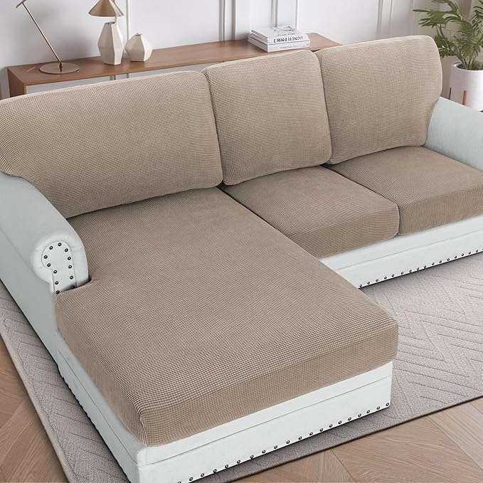 H.VERSAILTEX Sectional Couch Covers 6 Pieces Stretch Sofa Covers for Sectional Sofa Set Separate L Shaped Couch Cover for Both Left/Right Couch (Seat and Back: 1 Chaise + 2 Sofa, Sand)