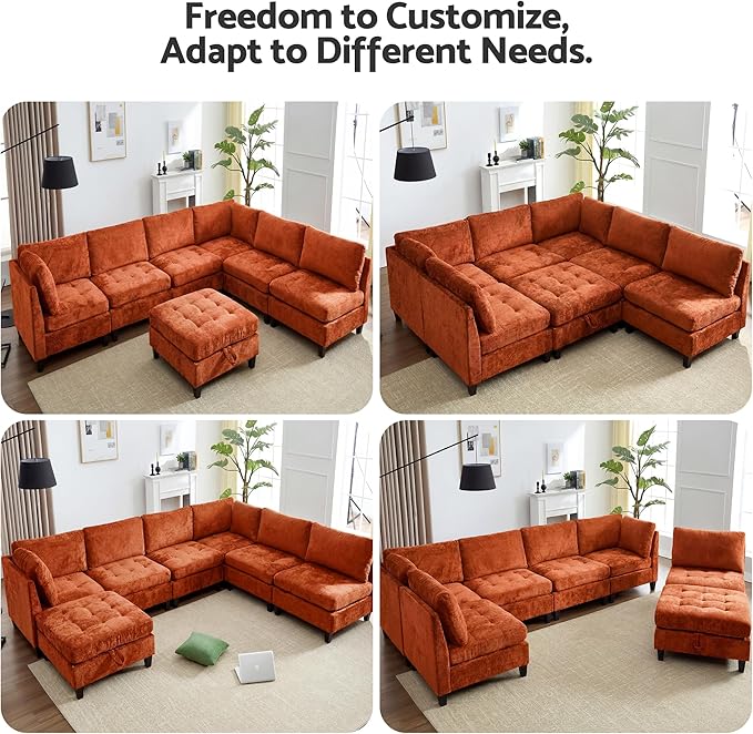 Luxe Oversized Modular Sectional Sofa Set，Modern Chenille Comfy Sectional Cloud Couch for Living Room (6-Seater + 1*Ottoman, Orange)