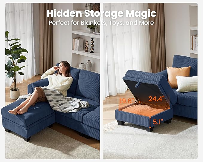 CHIC HOUSE Modular Sectional Sofa with Storage Ottomans, Corduroy Cloud Couch for Small Spaces & Apartments, Reconfigurable L/U Shaped Convertible Corner Sofa (5 Seater Sectional,Blue
