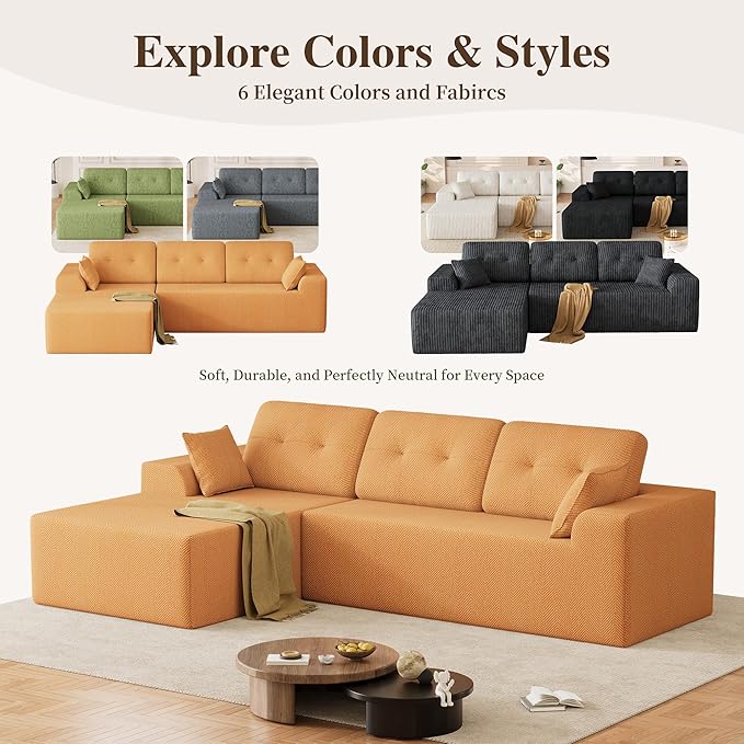 Ball & Cast 106" Cloud Sectional Couch, Compressed L-Shaped Sofa with Deep Seat Chaise, Boneless No Assembly Modular Couch, Foam & Spring Support, 2 Boxes (Right Facing, Chenille Orange)