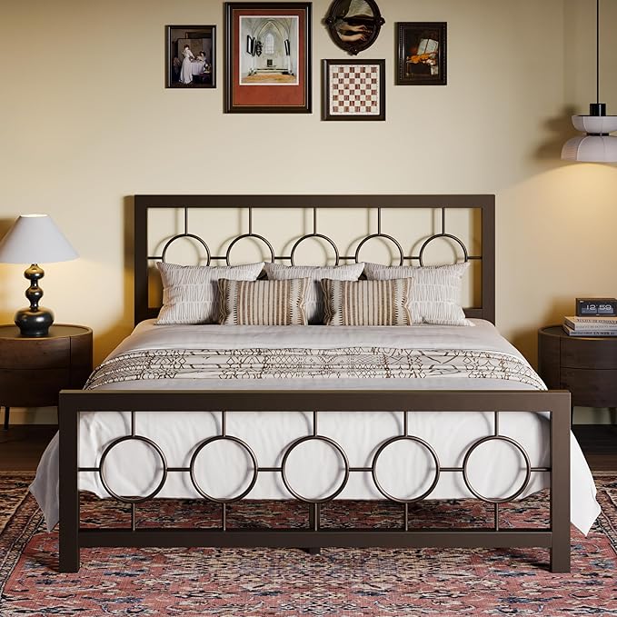 SHA CERLIN Queen Size Metal Bed Frame with Vintage Circular Design Headboard and Footboard,No Box Spring Required,Easy Assembly,Noise-Free,Brown
