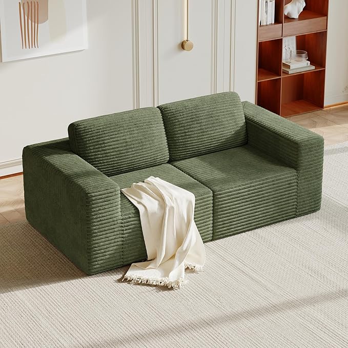 Vesgantti 80" Modular Sectional Sofa, Corduroy Cloud Couch with Deep Seating & Spring Support, 2 Seater Compact Modular Couch, Boneless Sectional Sofa for Small Spaces, No Assembly Required, Green