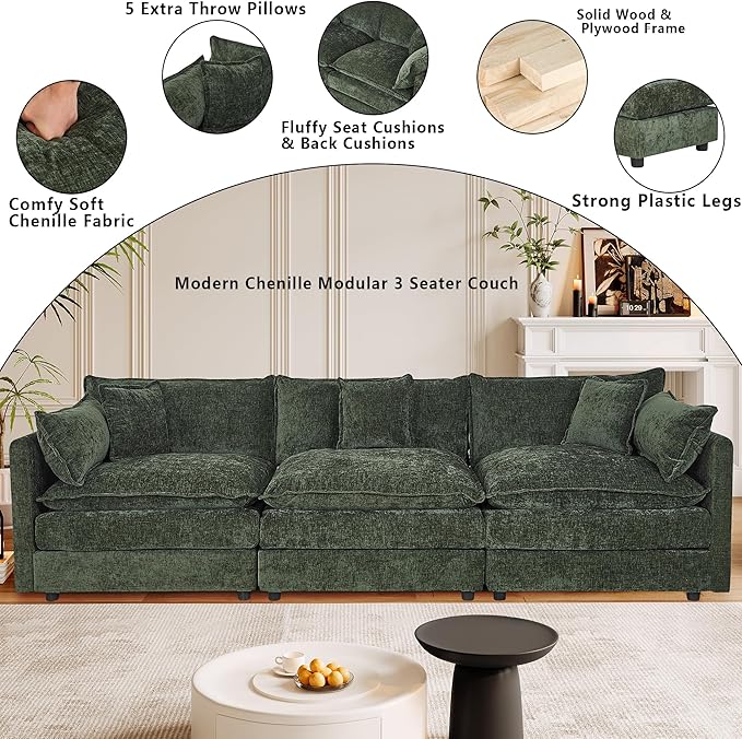 Setawix Chenille Cloud Couches for Living Room,3 Seater Cloud Sofa Couch with Deep Seat,112.2" Roomy Cloud Sofas,Modular Sectional 3 Seat Sofa with Pillows for Bedroom (Green, 3 Seater)