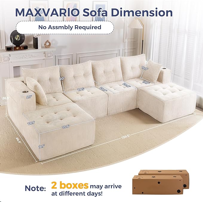 MAXYOYO 129.5" Modular Sectional Sofa Couch, U Shaped Modern Cloud Couch with 2 Ottomans, Sofa in A Box, Tufted 6-Seat Boneless Sleeper Chair for Living Room, No Assembly Required, Beige