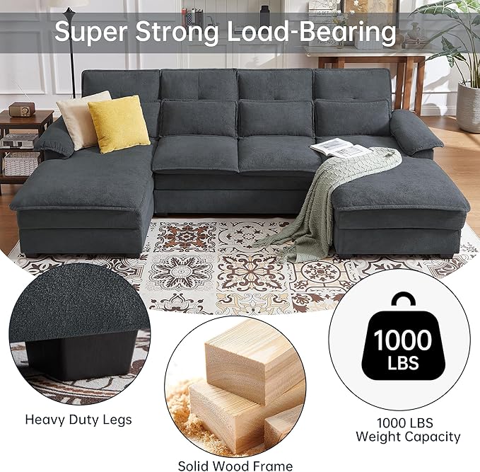 110“ Convertible Sectional Sofa, U Shape Cloud Couch, Comfy Couches with Double Chaise and Sleepable Armrests, 4 Seats Sectional Couches for Living Room, Dark Grey