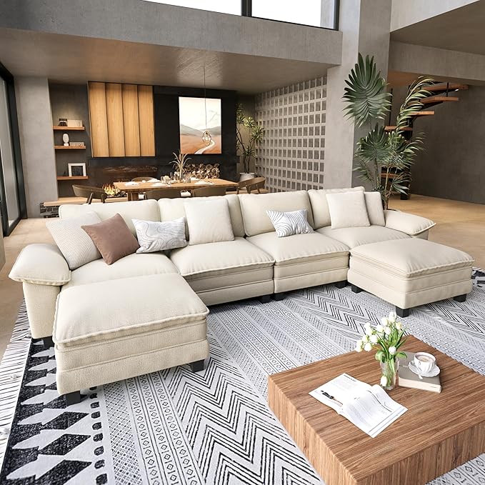 U Shaped Modular Cloud Couch, 157.5'' Oversized Chenille Sectional Sofa with Wider Armrest and Ottoman, Upholstered 6-Seat Modern Deep Seat for Bedroom Living Room, Beige