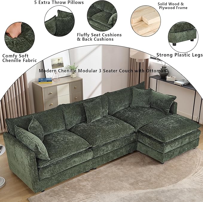Setawix Deep 3 Seater Couch with Ottoman,112.2" L-Shaped Cloud Couches for Living Room,Chenille Cloud Sofa Couch with Deep Seat,Modular Sectional L Shape 3 Seat Sofa for Bedroom (Green, 3+1)