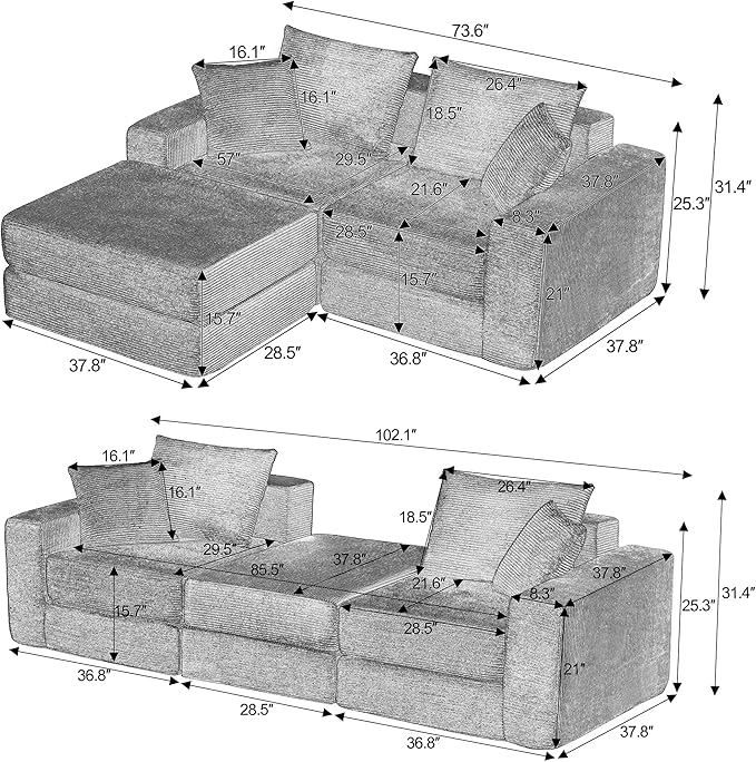 Modular Loveseat L Shaped Sofa,Boneless Cloud Couch with Ottoman (Black) | Freely Combination, No Assemble Required, Modular Design, Breathable Fabric, Convertible to Bed, Futon Bed