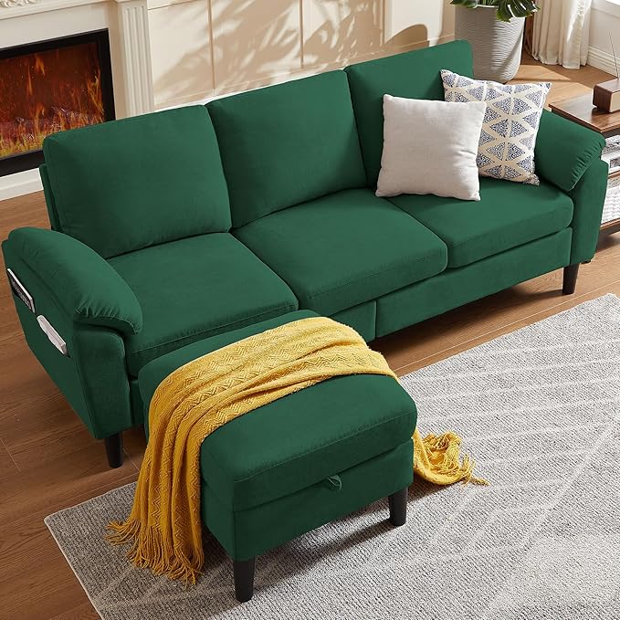 79" Convertible Sectional Sofa, Modern Linen Small L Shaped Couch with Reversible Chaise and Storage Ottoman, 3-Seat Sofa Couches for Living Room, Office, Apartment, Green