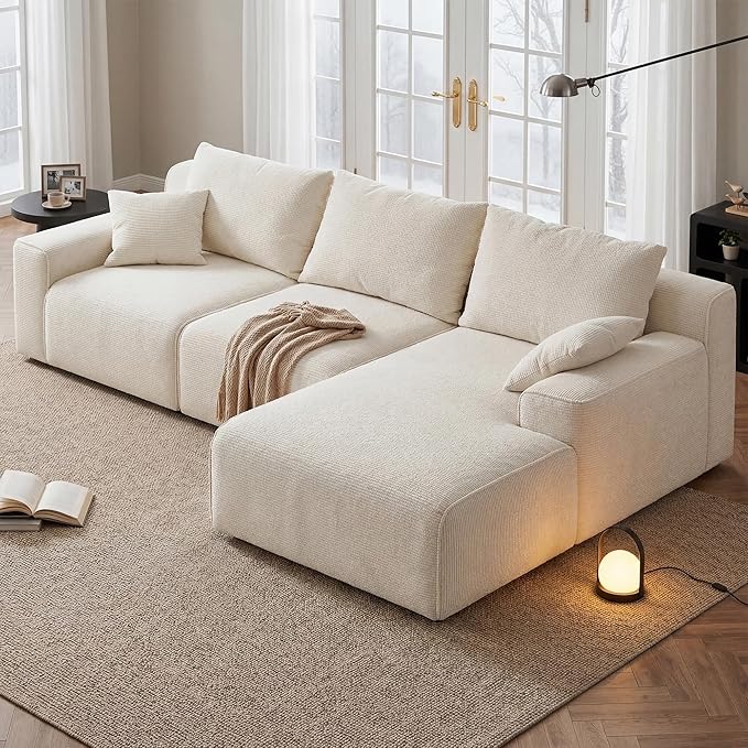 97”Modular Sectional Sofa, Cloud Sectional Couch with Deep Seat, Modern Modular L-Shape Sofa Couch, Upholstered Boneless Couches for Living Room Bedroom (White Check, Right Facing Chaise)