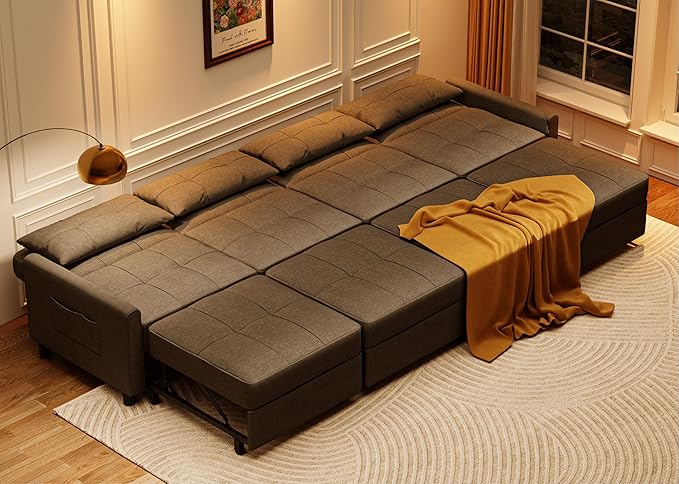 Aiho Pull Out Couch, Convertible Sofa Bed with Adjustable Backrest, 5 Seater Sectional Sleeper Sofa, Couch Bed with Spring Support, for Apartment Living Room, Dark Grey