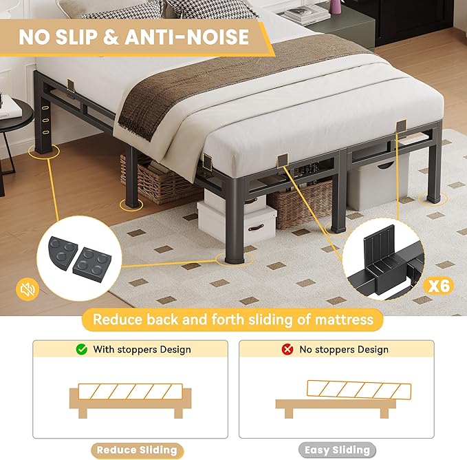 King Size Bed Frame Heavy Duty, Metal Double Layer Steel 4000 lbs Capacity, 16 Inch Platform with Large Under Bed Storage Space, No Box Spring Needed, Noise-Free, Easy Assembly