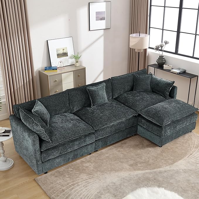 Setawix Deep 3 Seater Couch with Ottoman,112.2" L-Shaped Cloud Couches for Living Room,Chenille Cloud Sofa Couch with Deep Seat,Modular Sectional L Shape 3 Seat Sofa for Bedroom. (Grey, 3+1)