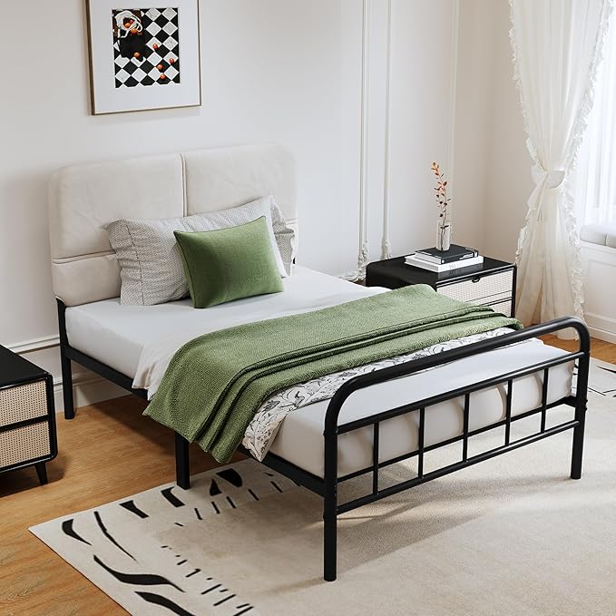 14Inch Metal Bed Frame,Twin Size Bed Frame with Upholstered Headboard,Heavy Duty Sturdy Mattress Foundation,Easy Assembly,No Box Spring Needed,White-Twin
