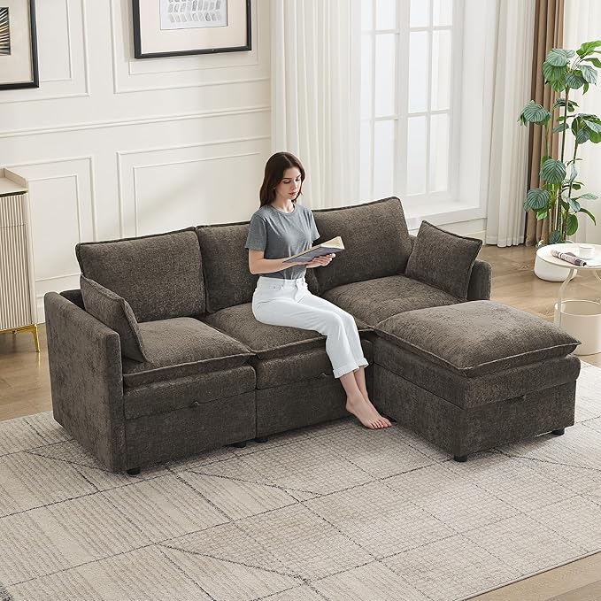 80" Cloud Modular 3 Seater Sofa with Storage Ottoman, Modern Upholstered Storage Sofa Couch Deep Seat, L Shape Sectional Sofa Chenille Comfy Couch with Armrests for Living Room, Small Space, Brown | 3 Seater Sofa, Storage Ottoman, Storage Sofa, Deep Se...