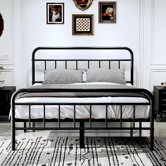 14Inch Metal Bed Frame,Full Size Bed Frame with Upholstered Headboard,Heavy Duty Sturdy Mattress Foundation,Easy Assembly,No Box Spring Needed,White-Full